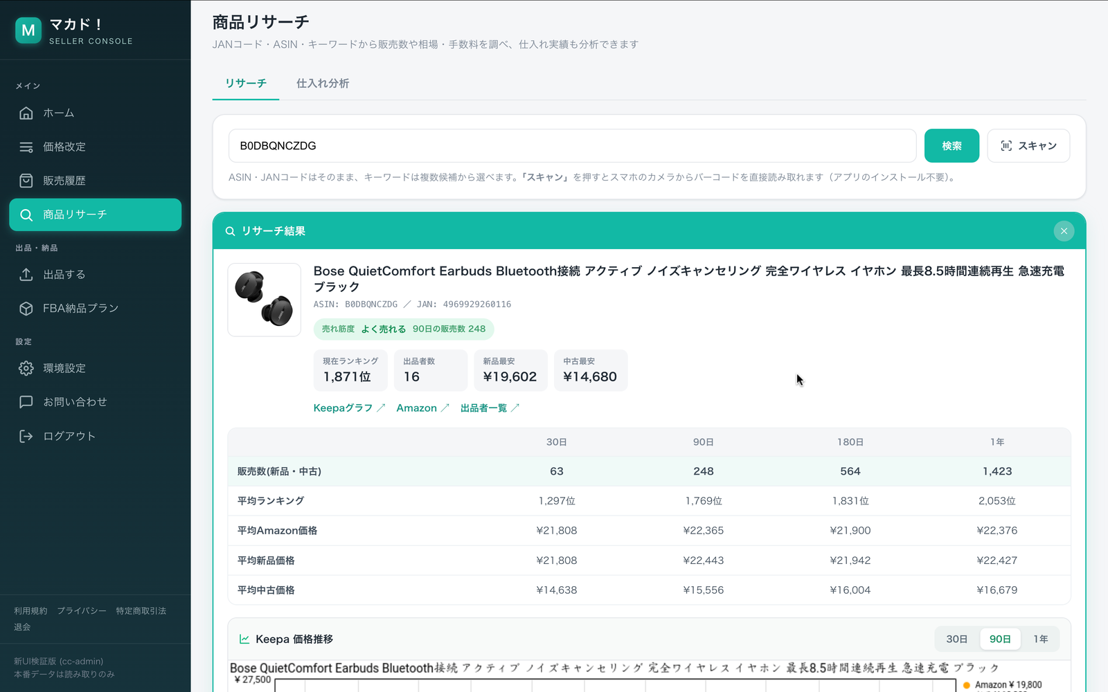 リサーチ結果の詳細。Keepaの期間別データと最安値、手取り見積り。