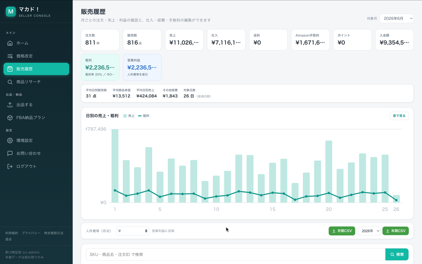 販売履歴。月選択と月次サマリー、注文明細。
